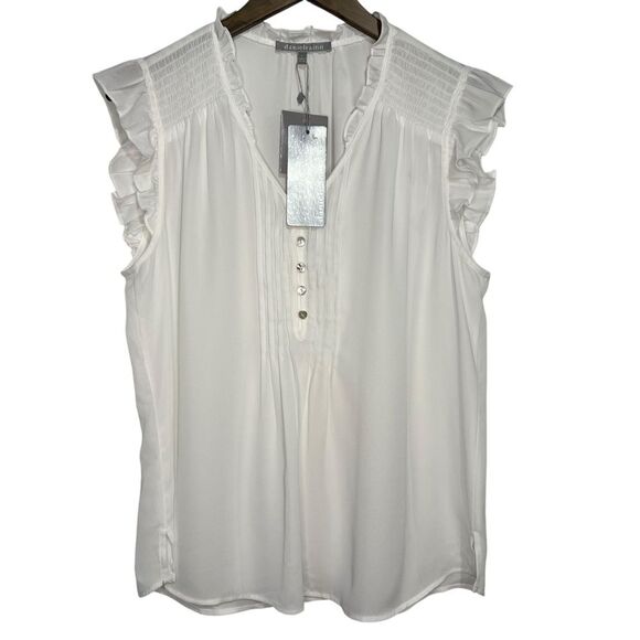 Daniel Rainn Smocked Ruffle Trim Blouse Top Womens Large White Short Sleeve - Picture 1 of 6